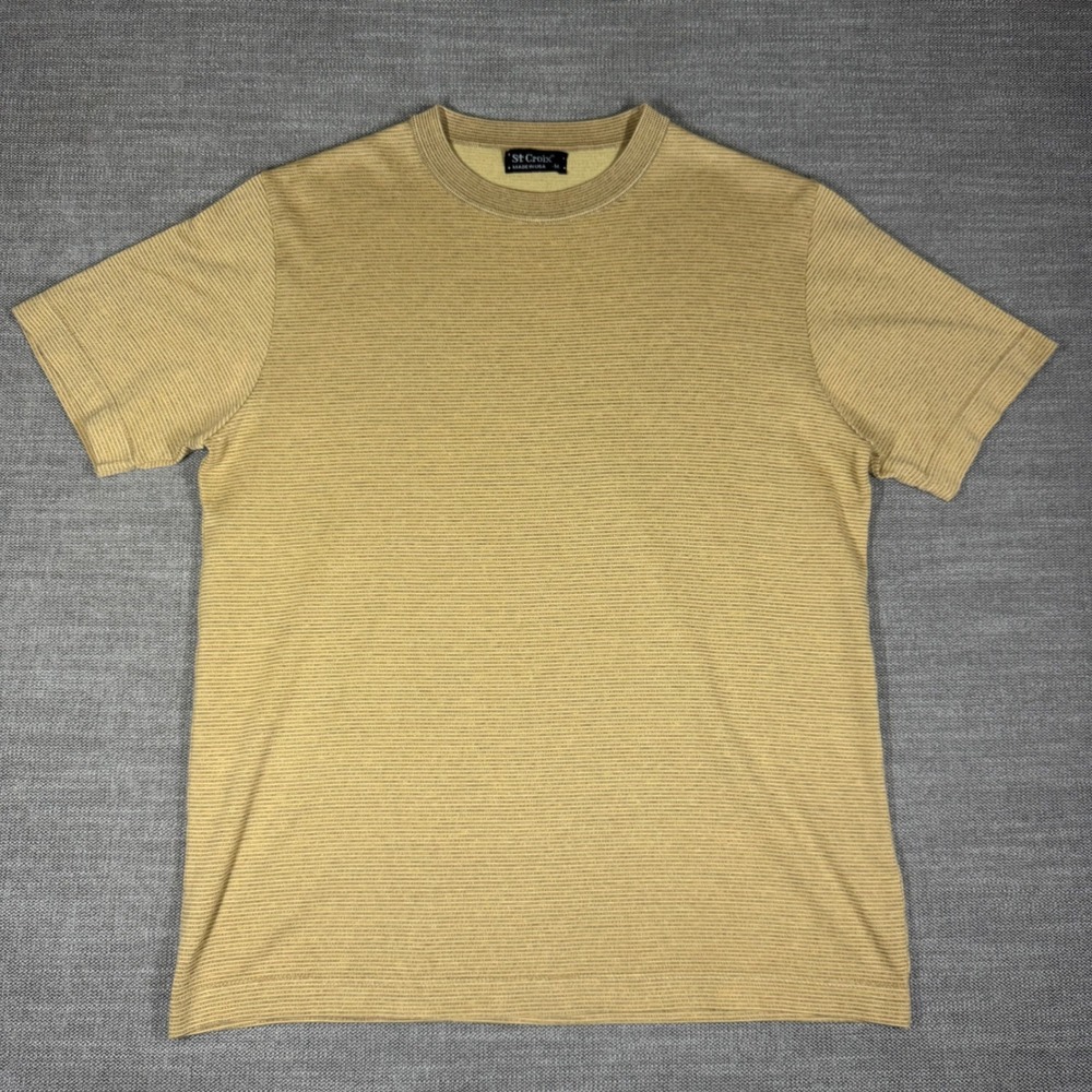St. Croix Mens M Short Sleeve Knit Shirt Tan Micro Stripe Made in USA Crew Neck